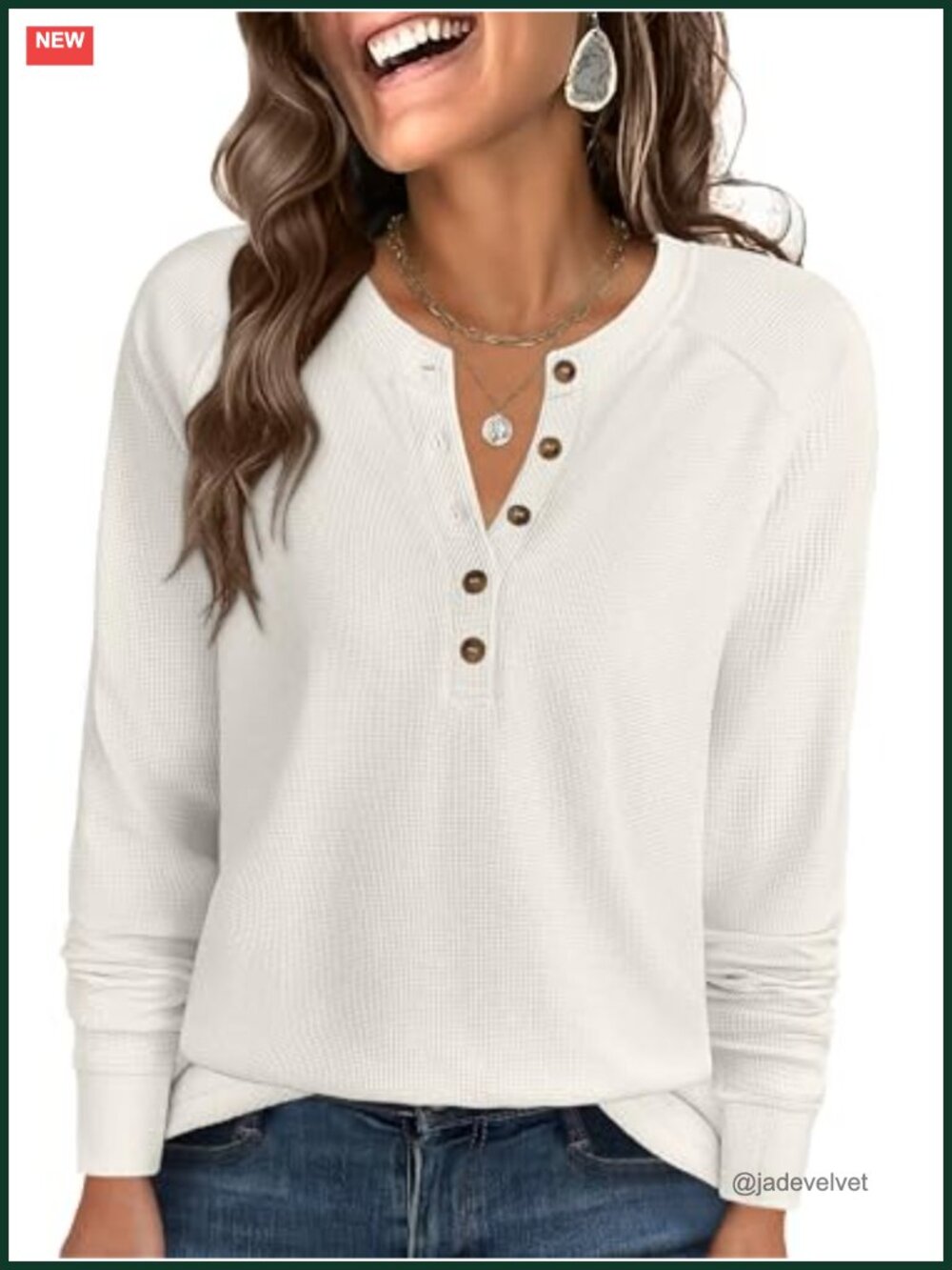 Women's Waffle Knit Henley Top Long Sleeve V-Neck Loose Fit Blouse Shirt